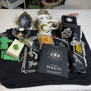 Witchy mystery gift book tote bundle, mug, crystal deck, jar, altar cloth, spook